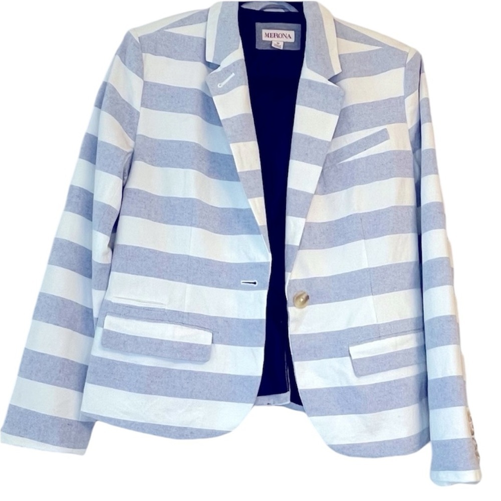 Merona Lined Chambray Blue and White Stripe Cotton Button Blazer Size 10 - Picture 4 of 11